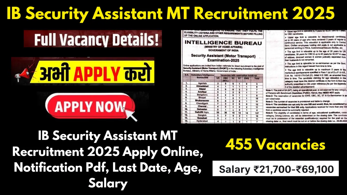 IB Security Assistant MT Recruitment 2025 Apply Online, Notification Pdf, Last Date, Age, Salary